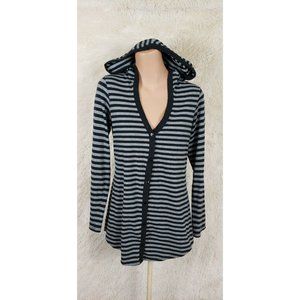 Zenergy By Chicos Womens Sz 0 Button Down Hooded Cardigan Striped Black Silver S